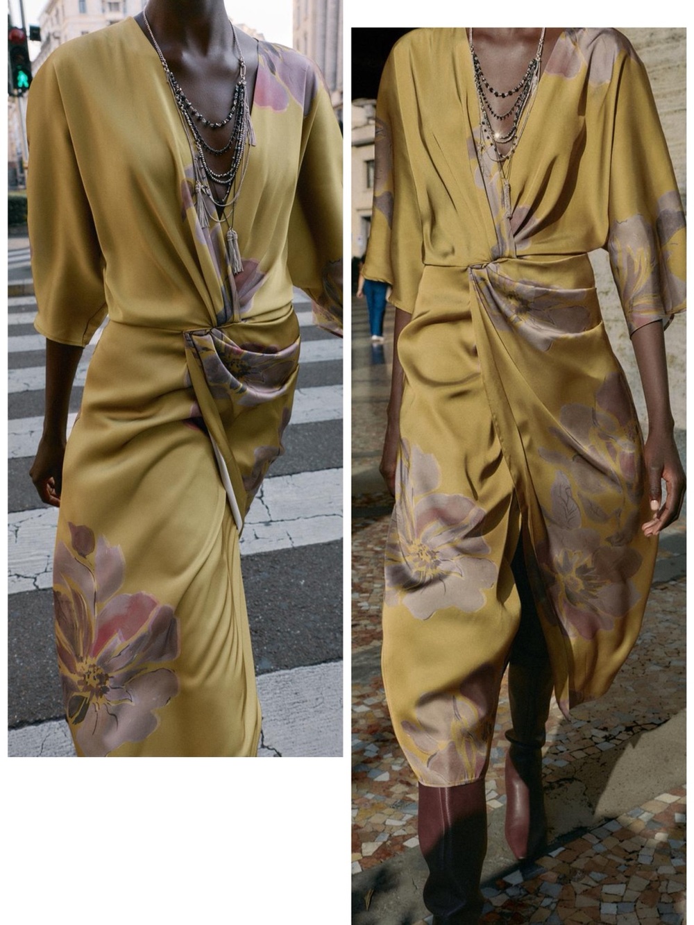 Zara Satin V-Neck Midi Dress with Floral Print Wide Sleeves Kimono Like Medium